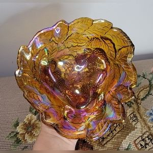 Iridescent Marigold/Amber Carnival Glass Leaf & Pinecone Motif Candy Dish